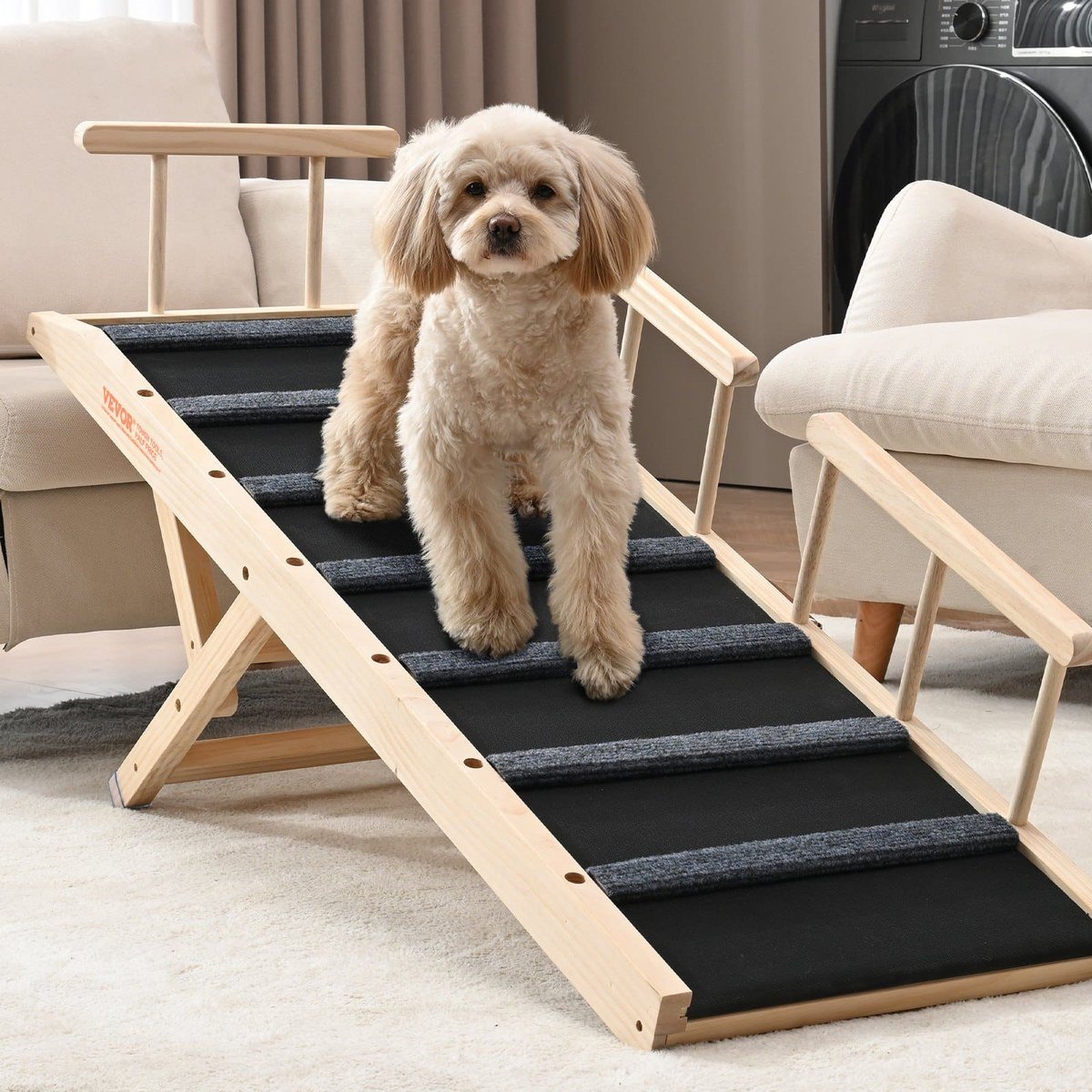 VEVOR 47.2-inch adjustable wooden dog ramp with six height settings and pine wood frame