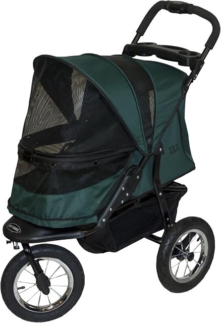 Pet Gear No-Zip Jogger pet stroller in forest green with 12-inch airless tires, no-zip entry and panoramic view window