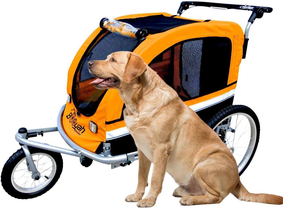 Booyah Large dog stroller jogger in orange with 20-inch pneumatic rear wheels, suspension and aluminum frame