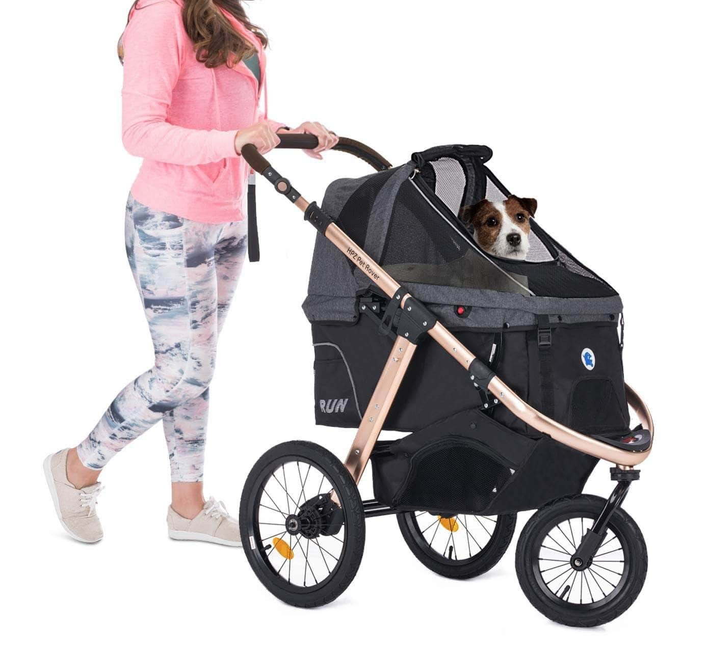HPZ Pet Rover Run performance jogging stroller in black with rose gold aluminum frame and three rubber wheels