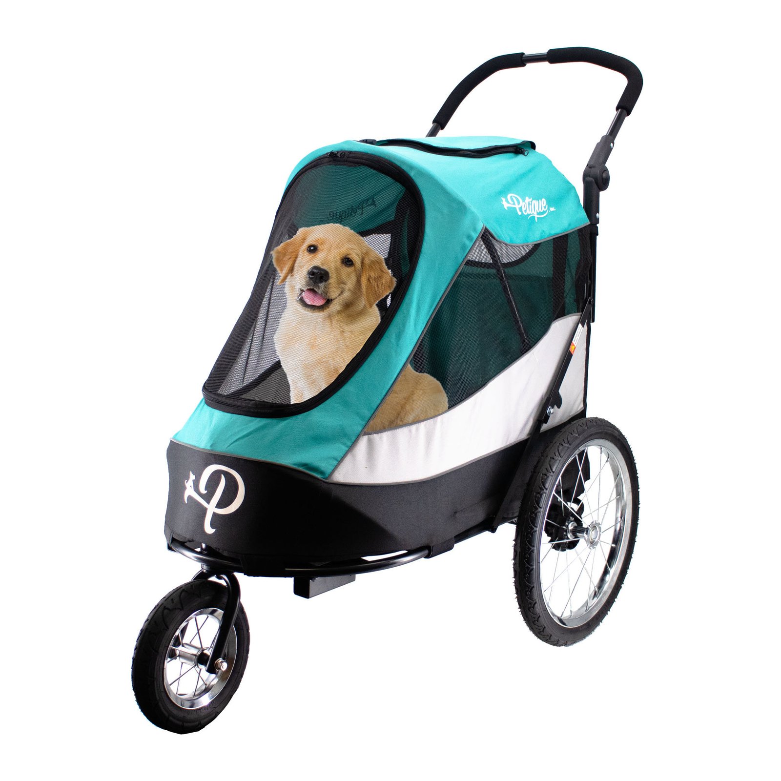 PETIQUE Trailblazer pet jogger in teal with shock-absorbing bike tires, mesh ventilation windows and peek-a-boo window