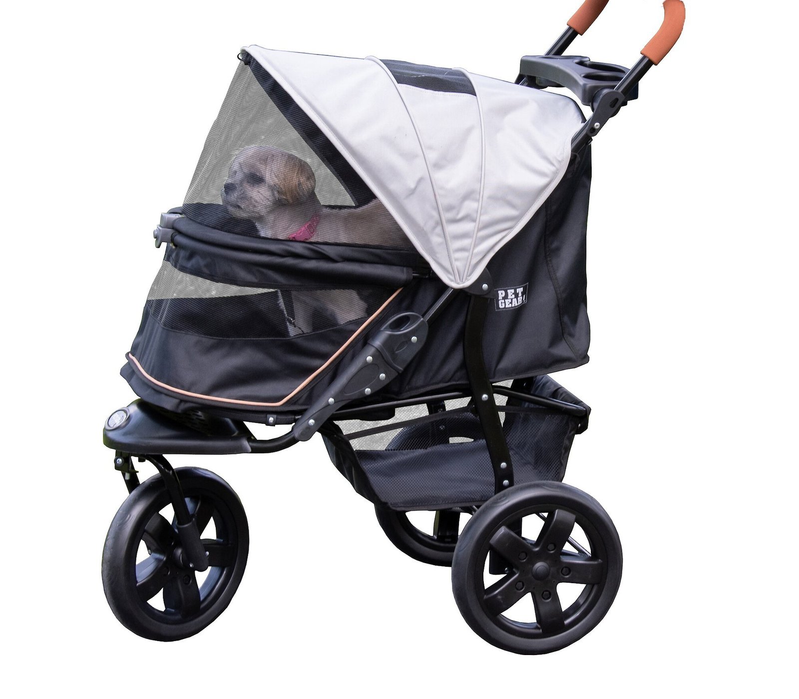 Pet Gear No-Zip AT3 pet stroller in black with 12-inch EVA foam tires, no-zip entry and parent tray