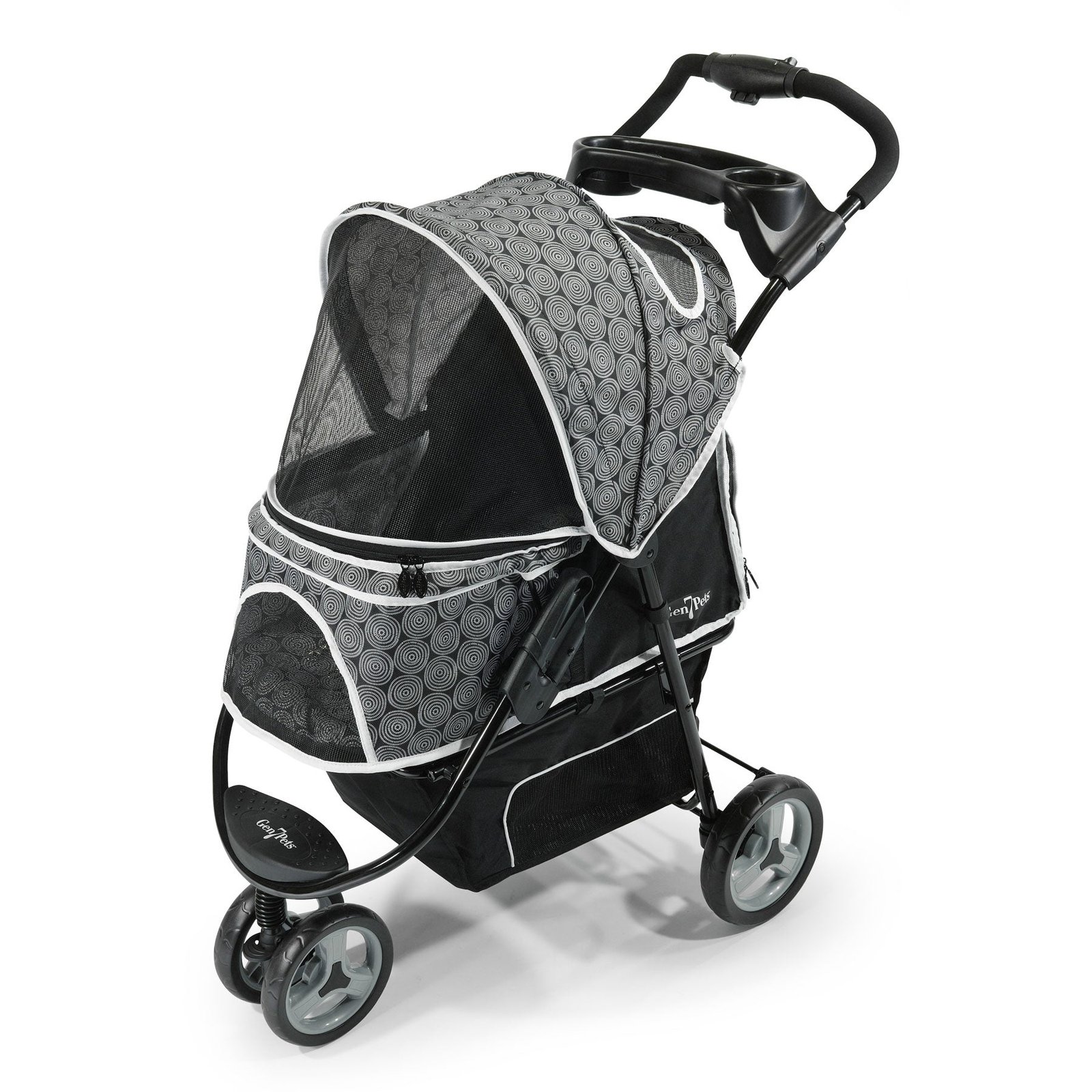 Gen7Pets Promenade pet stroller in black onyx pattern with three wheels, smart-canopy and parent tray