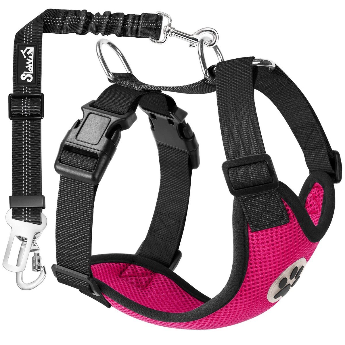 SlowTon dog car harness with mesh vest and elastic bungee seat belt tether