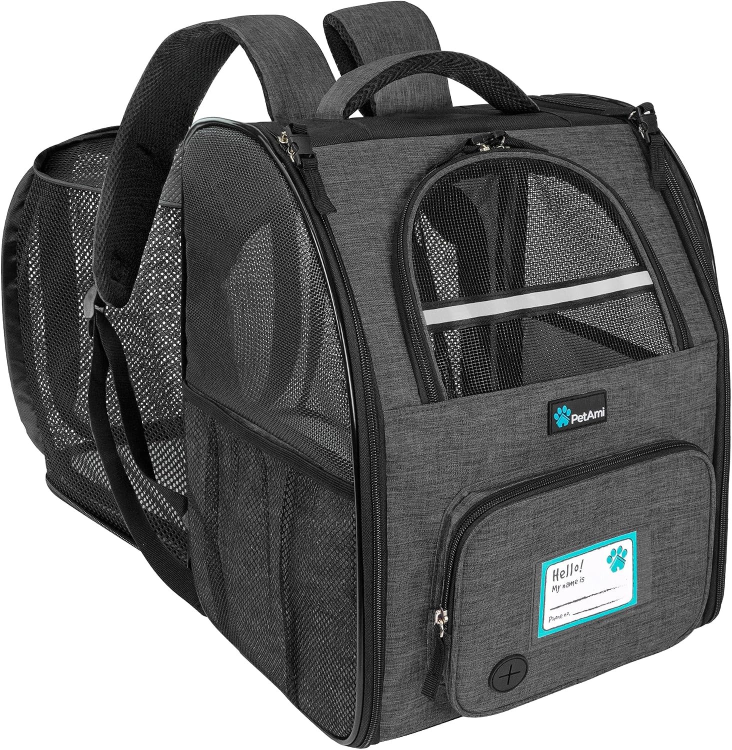PetAmi expandable deluxe pet carrier backpack in dark gray with mesh expansion panel