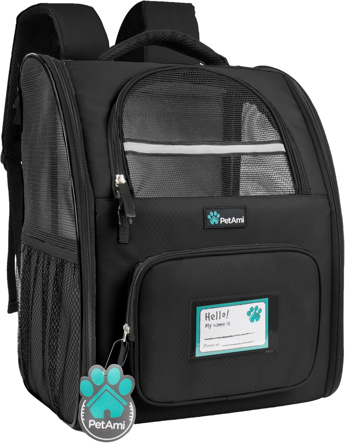 PetAmi black pet backpack carrier with mesh windows and front pocket