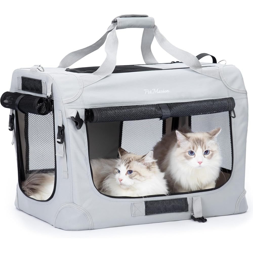 PetMasion Extra Large soft-sided cat travel crate in gray with mesh windows and two cats inside