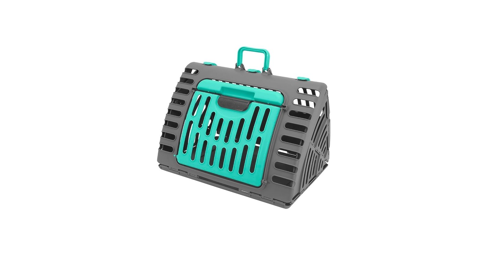 SportPet X-Large hard-sided cat travel carrier in dark gray with teal door and ventilation slats