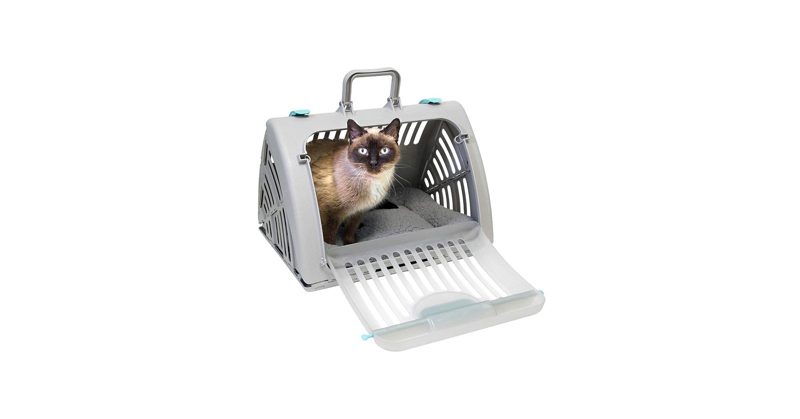 SportPet Large hard-sided gray cat travel carrier with wide side door open and a cat inside