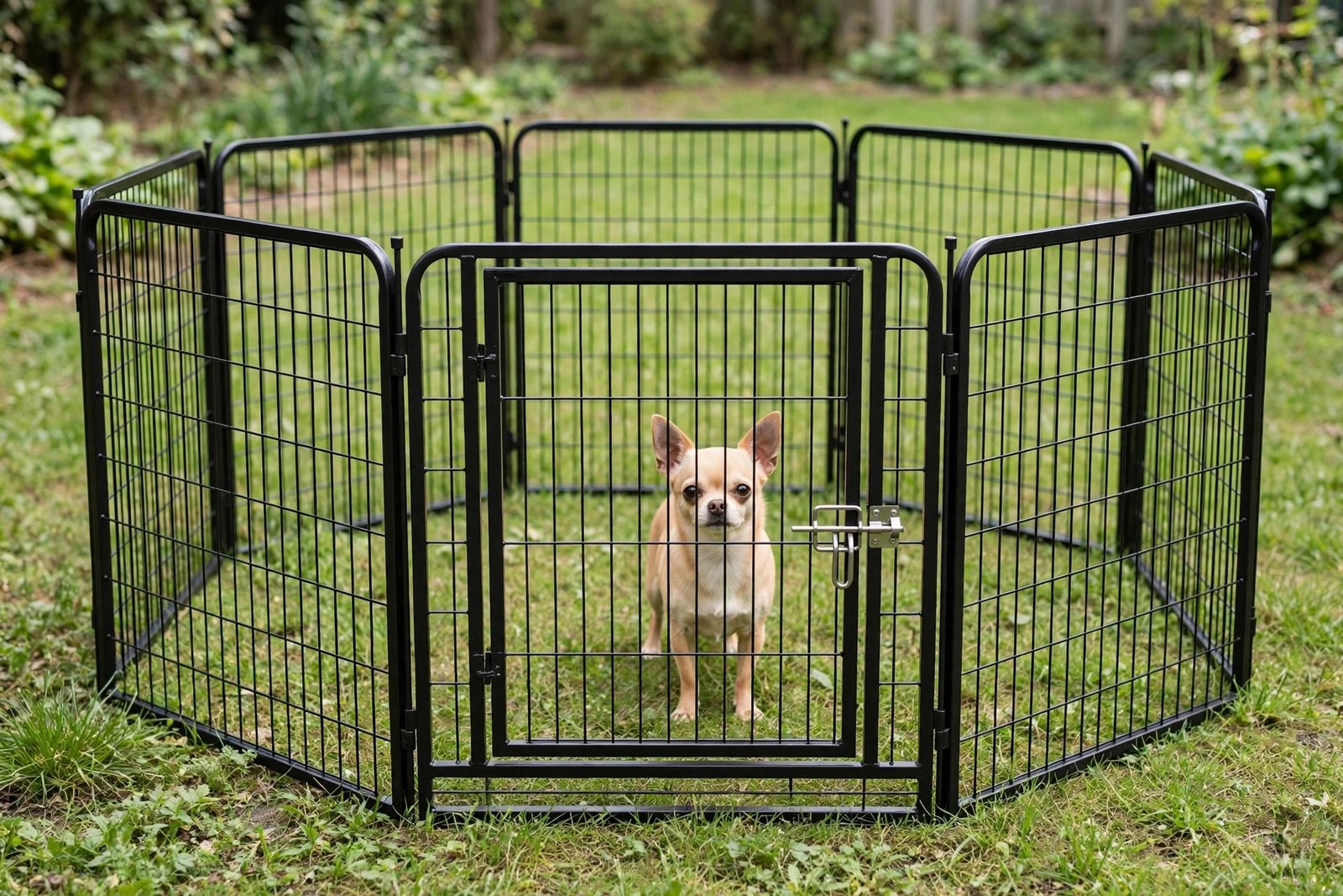 FXW Rollick Unleashed Dog Playpen, 24 inch, 8 panels, black metal, with gate door, chihuahua inside on grass