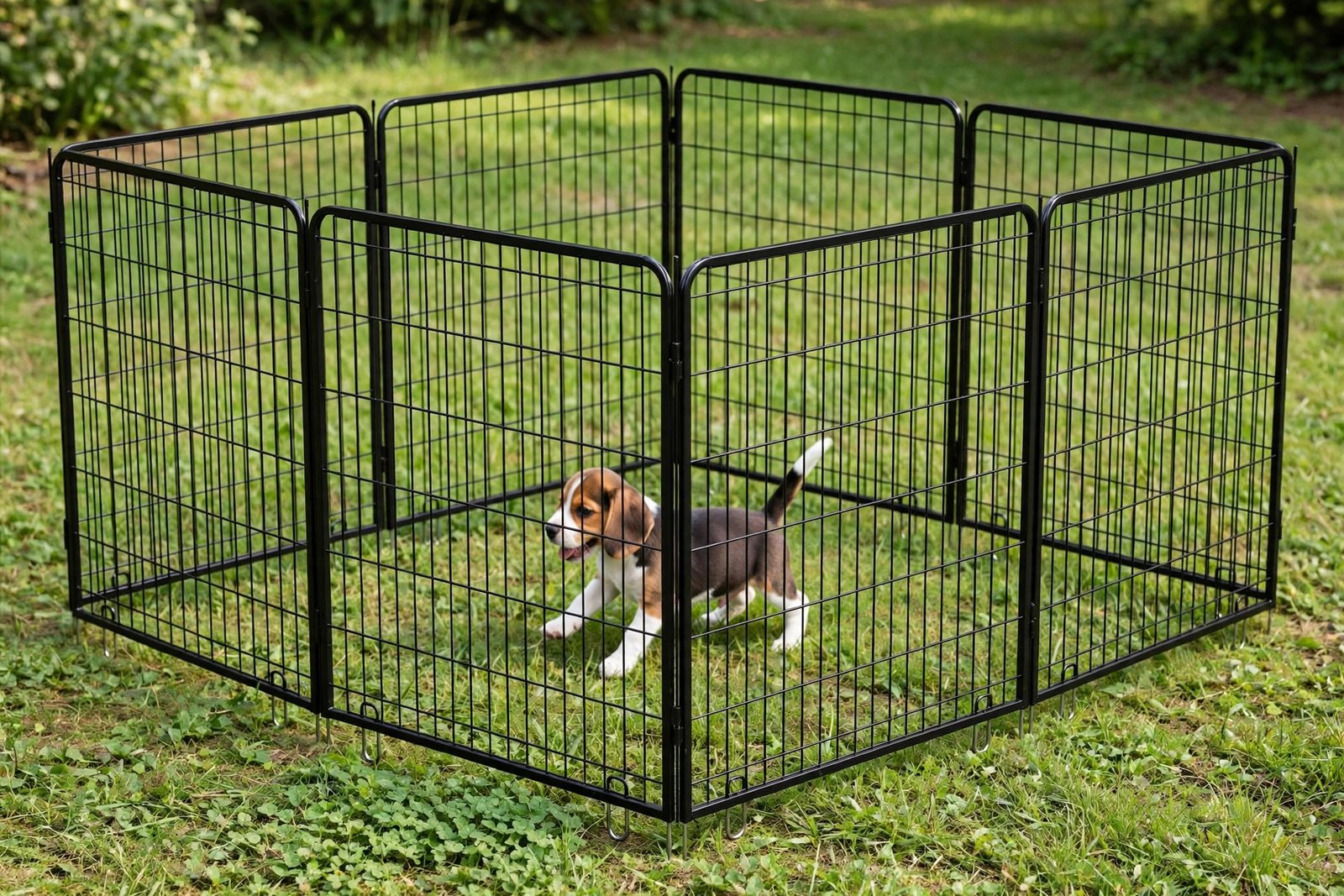 MidWest Homes for Pets folding metal exercise pen, 24 inches tall, 8 panels, no door, black, beagle puppy inside on grass