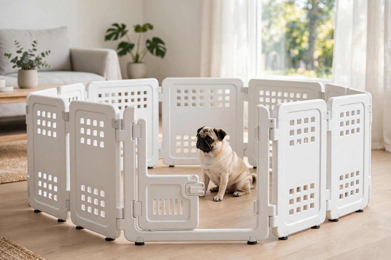 IRIS USA 24 inch 6-panel white plastic dog playpen with built-in door, pug sitting inside on wood floor