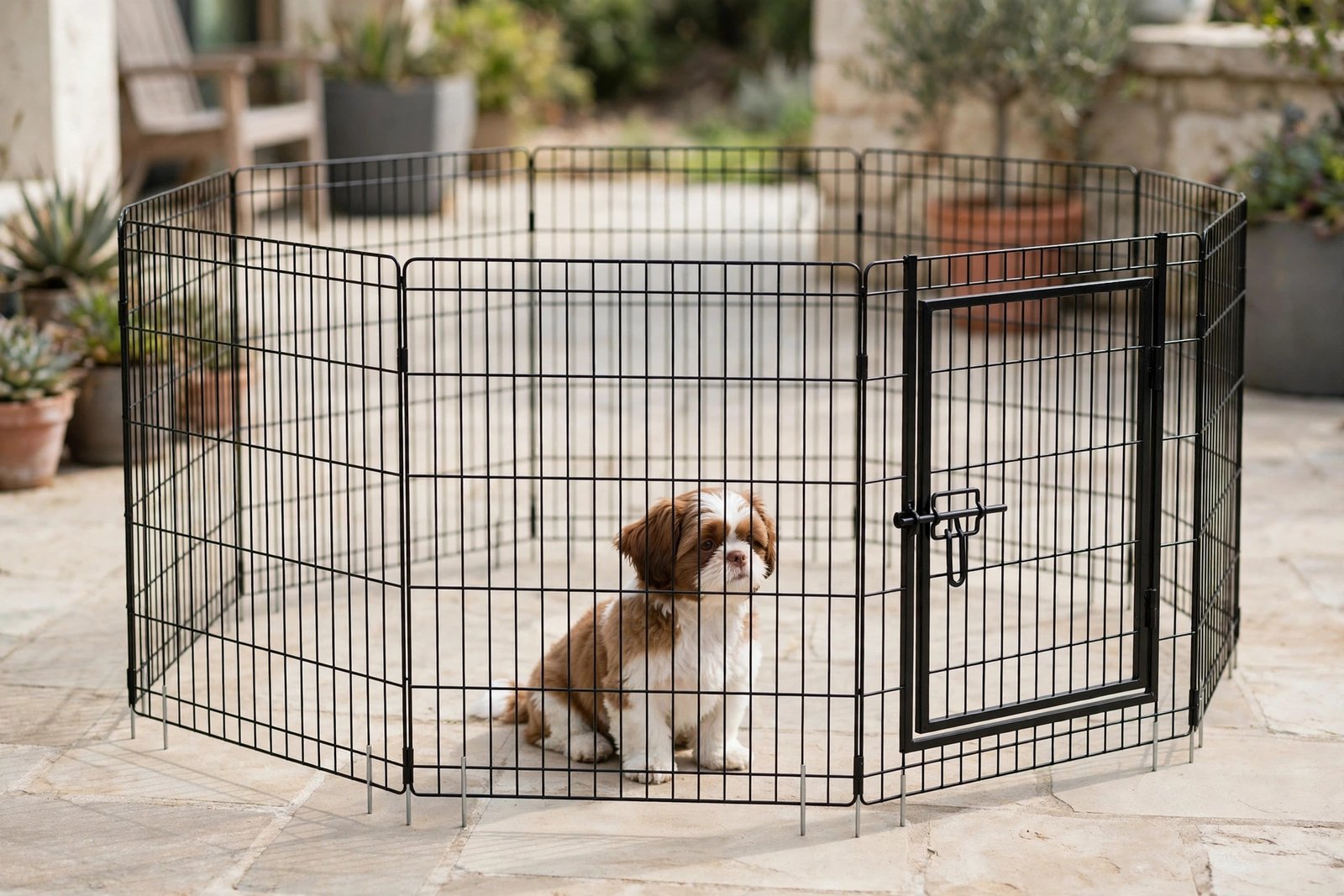 Amazon Basics foldable octagonal metal dog playpen, 24 inch extra small, 8 panels, single door, black, shih tzu inside on patio