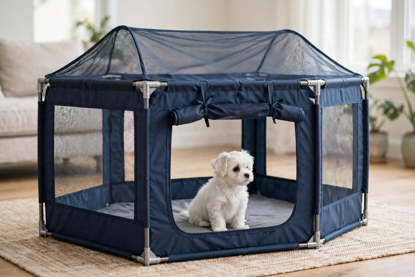 LOOBANI foldable fabric dog playpen, dark blue, mesh sides with removable top cover and steel frame, white maltese puppy inside