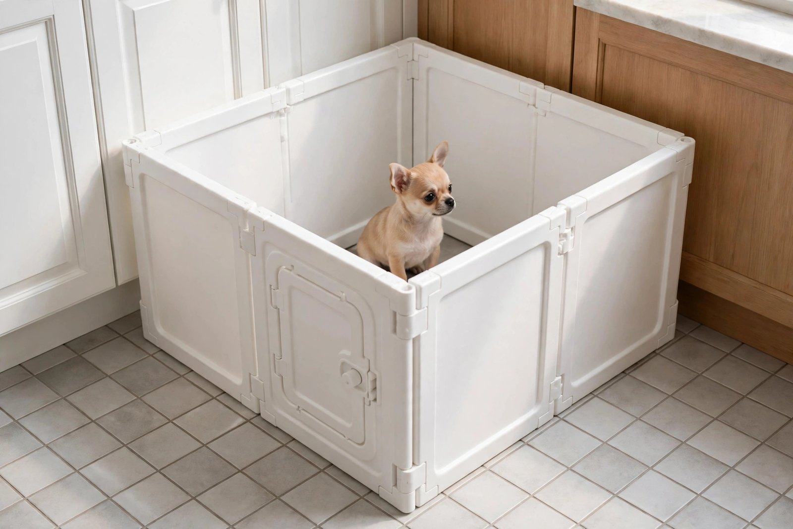 IRIS USA 24 inch 4-panel white plastic dog playpen with twist-lock door, chihuahua puppy inside on kitchen tile