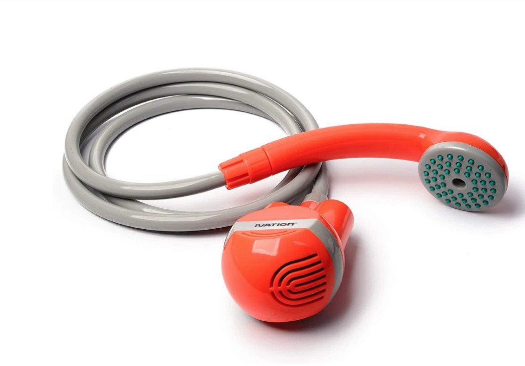 Ivation handheld portable pet shower, orange pump with shower head