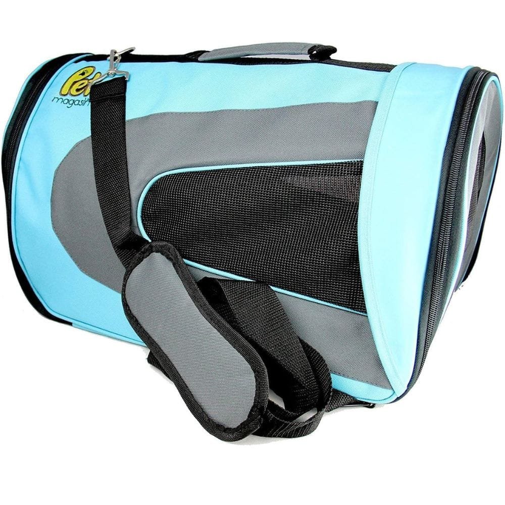 Pet Magasin soft-sided pet carrier in blue with mesh window, padded shoulder strap and carry handle