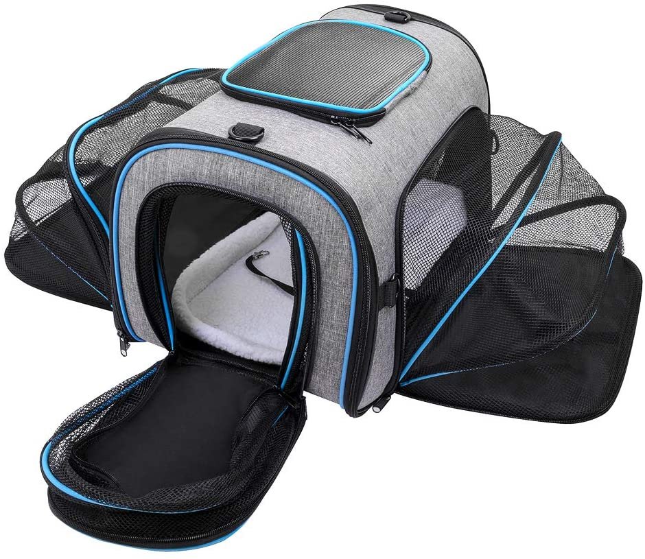 Siivton 4-way expandable soft-sided cat carrier in gray and blue with removable fleece pad and shoulder strap