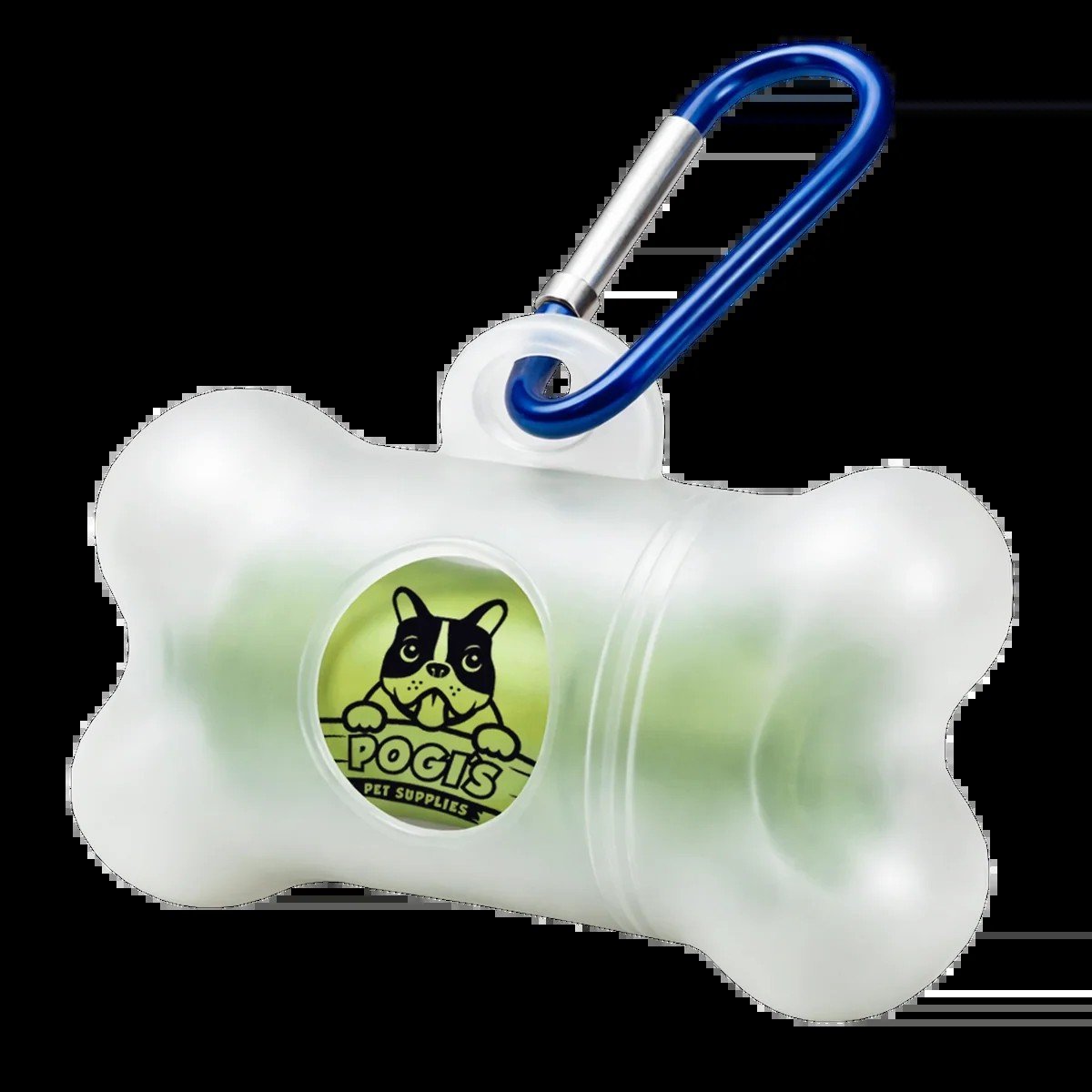 Pogi's bone-shaped dog poop bag dispenser with blue metal carabiner clip
