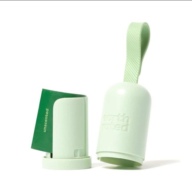Earth Rated LeashPro poop bag dispenser showing the two-piece unscrew design