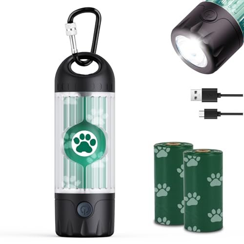 Tubasion 3-in-1 LED poop bag dispenser with flashlight, paw print logo, USB charging cable and two rolls of paw-print bags