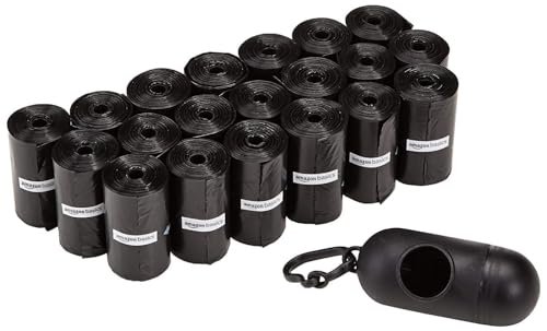 Amazon Basics 300-count dog poop bag set: twenty rolls of black bags with black leash dispenser