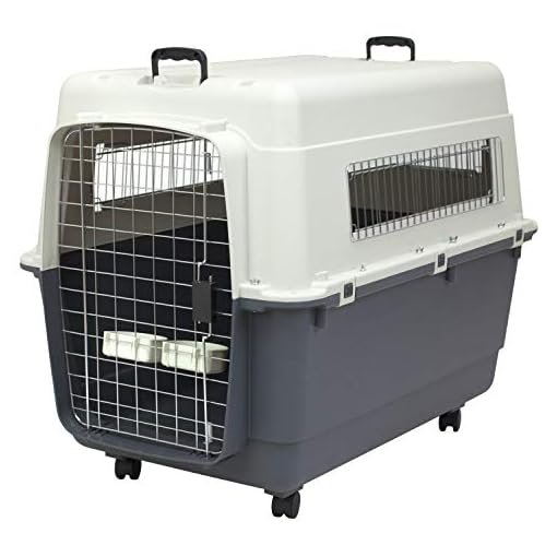 SportPet Designs Rolling Plastic Wire Door Travel Dog Crate XXL in cream and gray with metal wire door