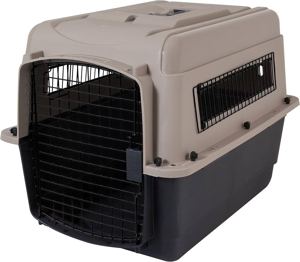 Petmate Sky Kennel Giant 48-inch tan and white plastic dog kennel with 360-degree ventilation and twist-lock wire door