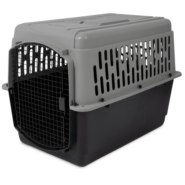 Aspen Pet Porter 40-inch dark gray and black plastic dog kennel with easy-open latch and three-sided ventilation