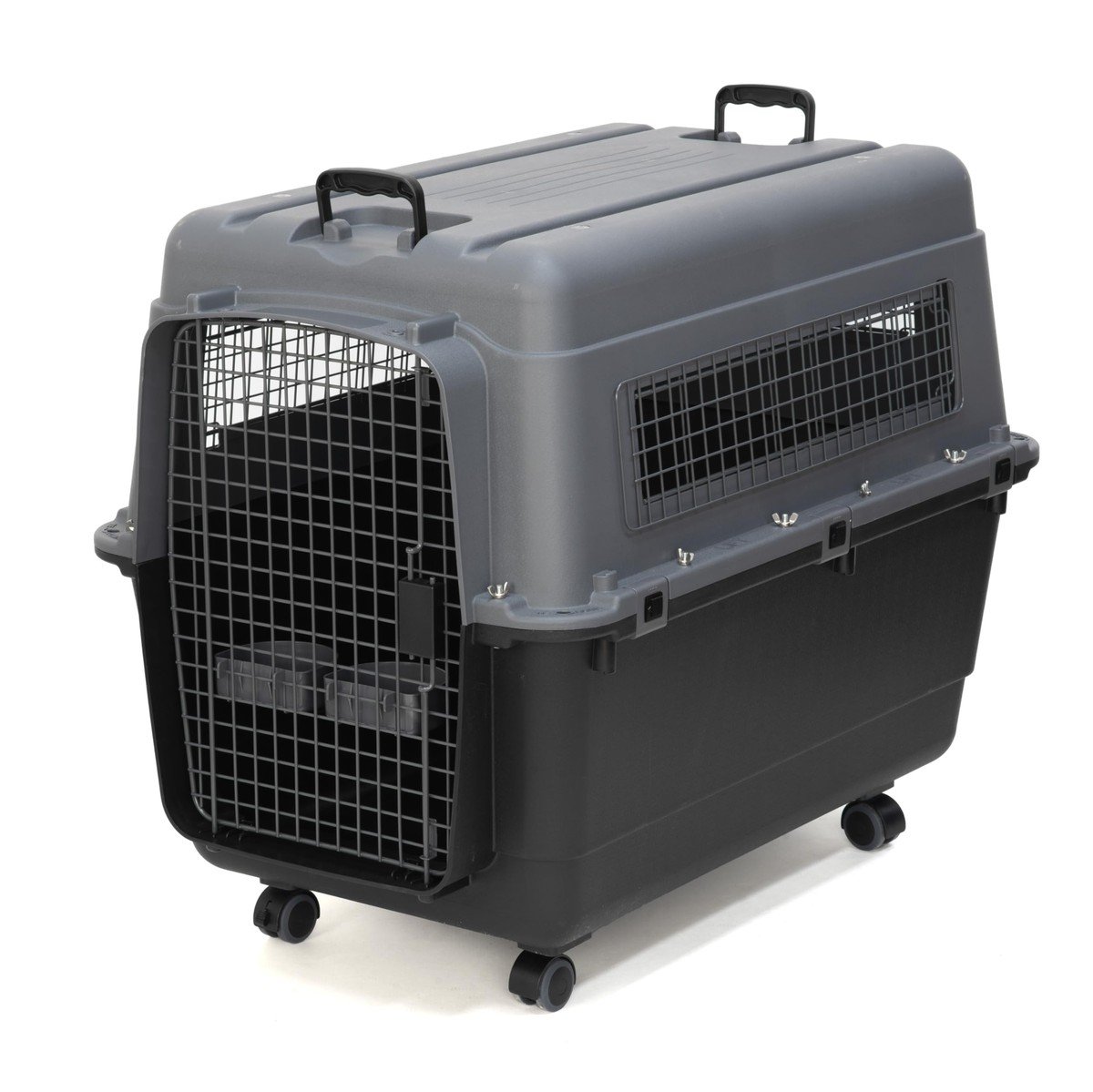 SportPet Designs X-Large dark gray plastic travel dog kennel with removable wheels, metal wire door and food bowls
