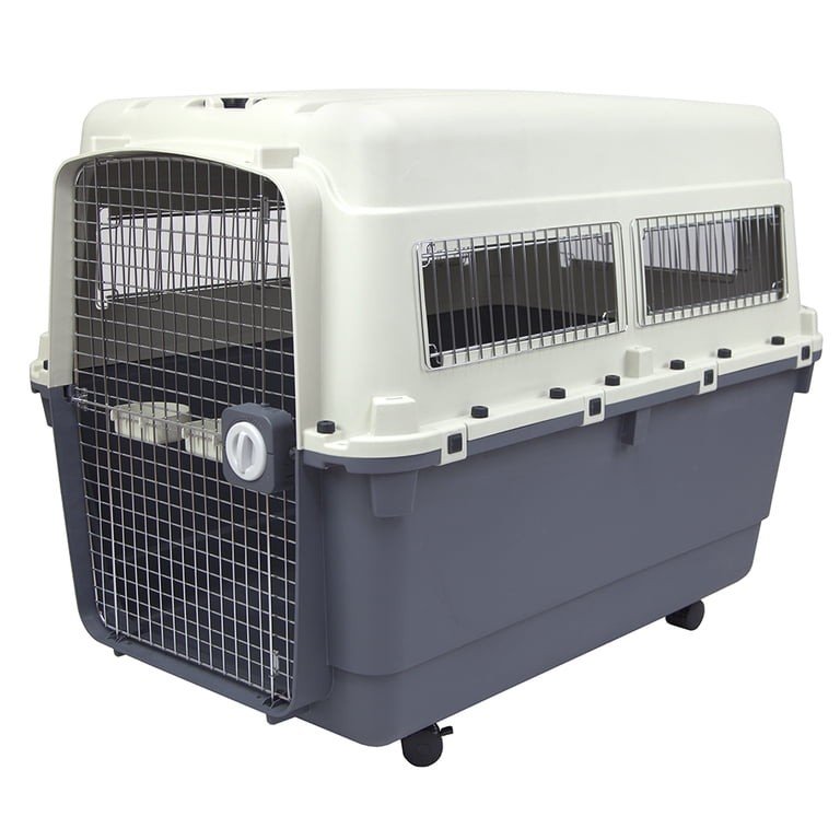 SportPet Designs XXX-Large gray plastic travel dog kennel with removable wheels and metal wire door