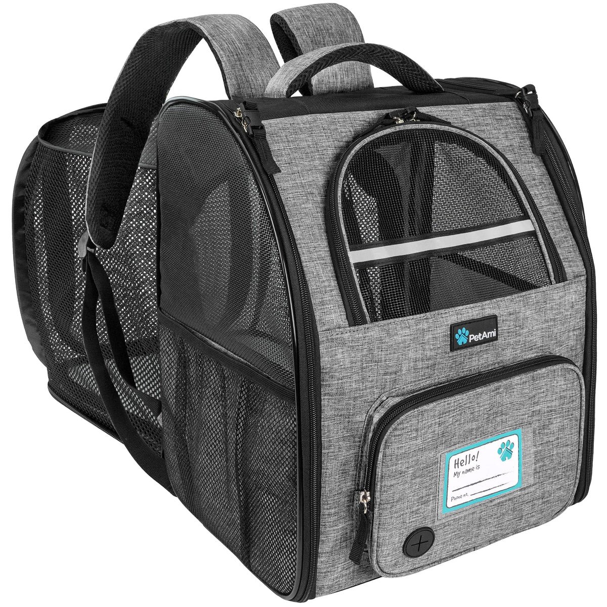 PetAmi Expandable Pet Backpack Carrier in dark gray, mesh front