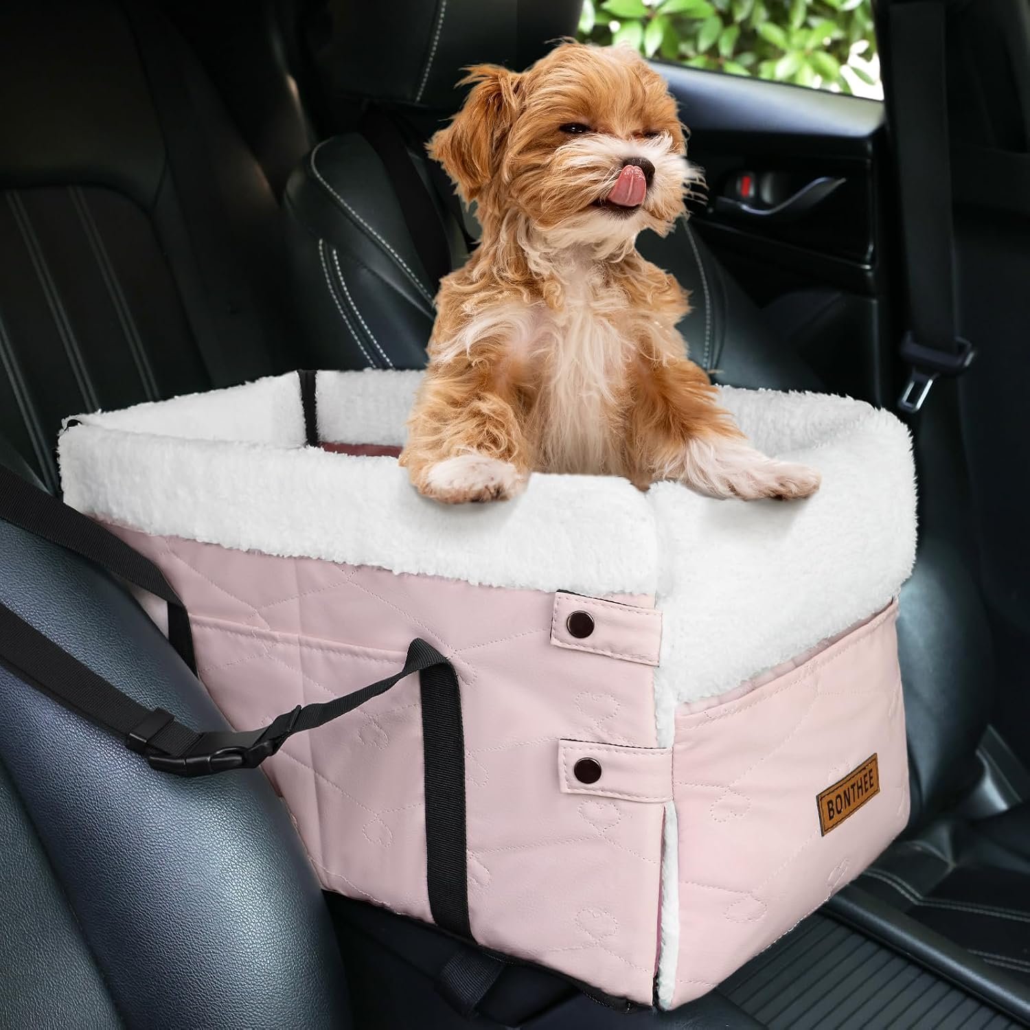 BONTHEE Center Console Dog Car Seat, PU Leather, Pink