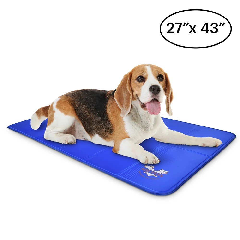 Beagle lying on the Arf Pets Dog Self Cooling Mat 27x43 blue gel pad