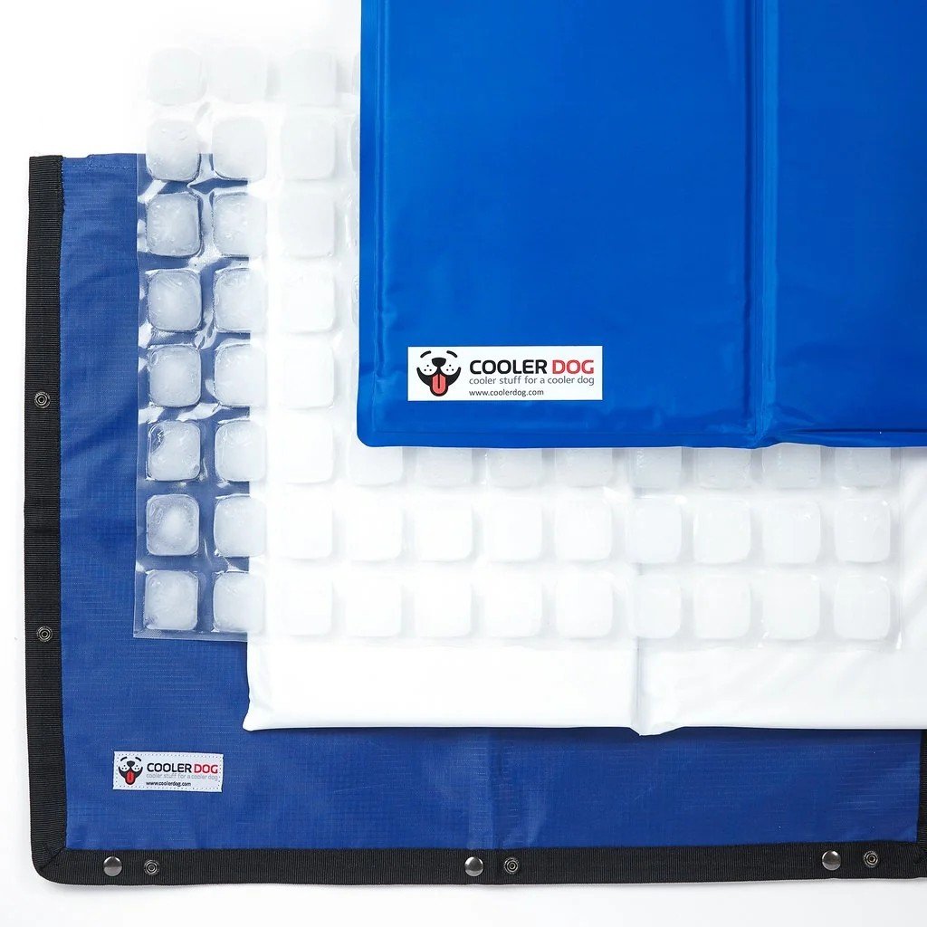 CoolerDog Hydro Cooling Mat showing triple-layer water cushion, ice sheet and washable cover
