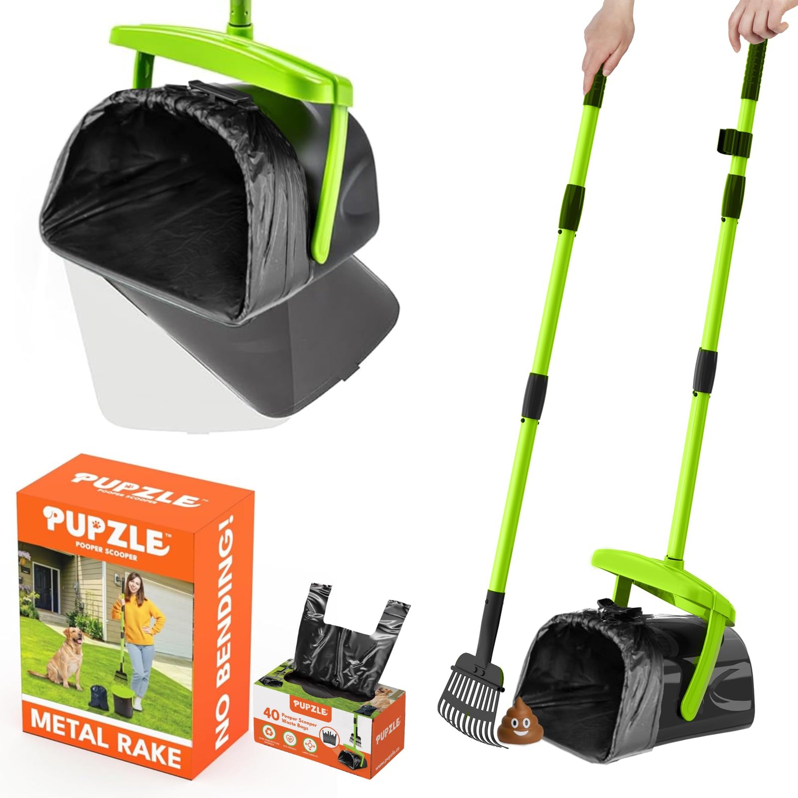 Pupzle 40-inch long-handle scooper, green, with branded box