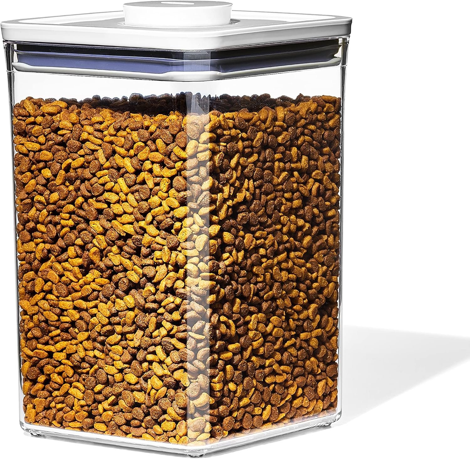 OXO Good Grips Pet POP container filled with small kibble, showing the push-button lid