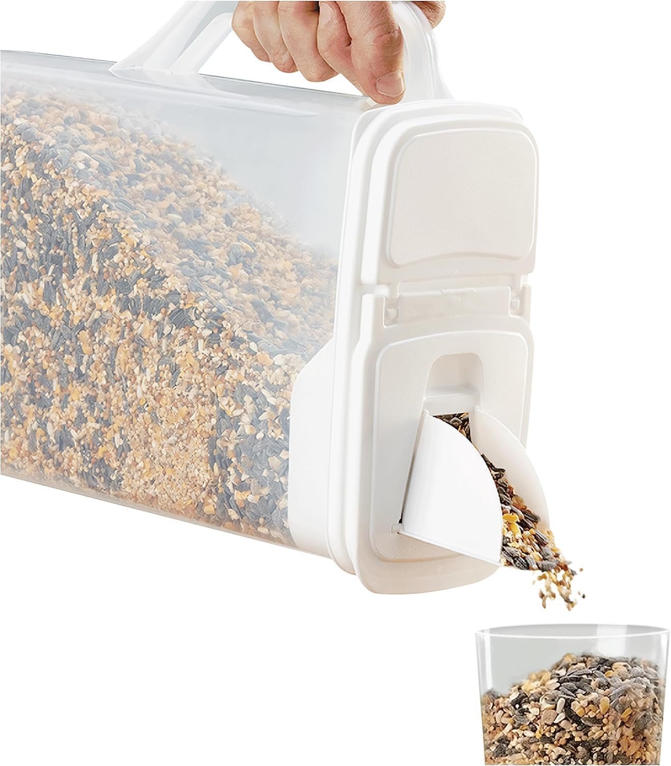 Buddeez 8 quart pet food container pouring kibble from its built-in pour spout