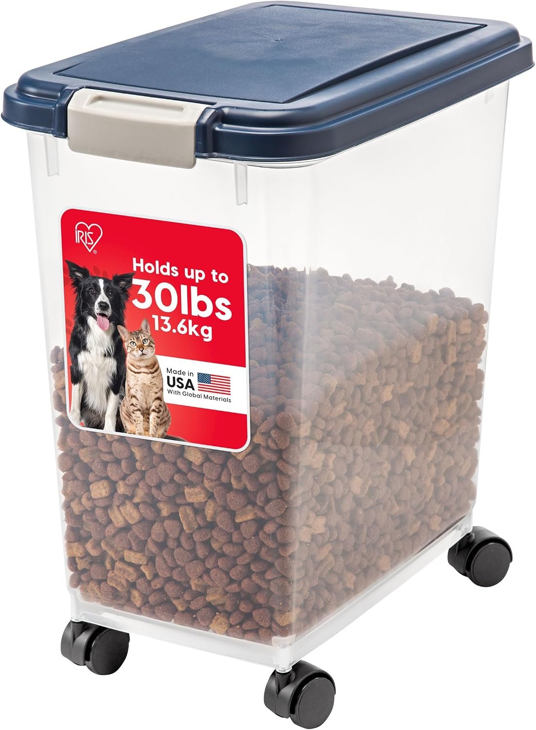 IRIS USA 33 quart navy pet food container with wheels filled with kibble