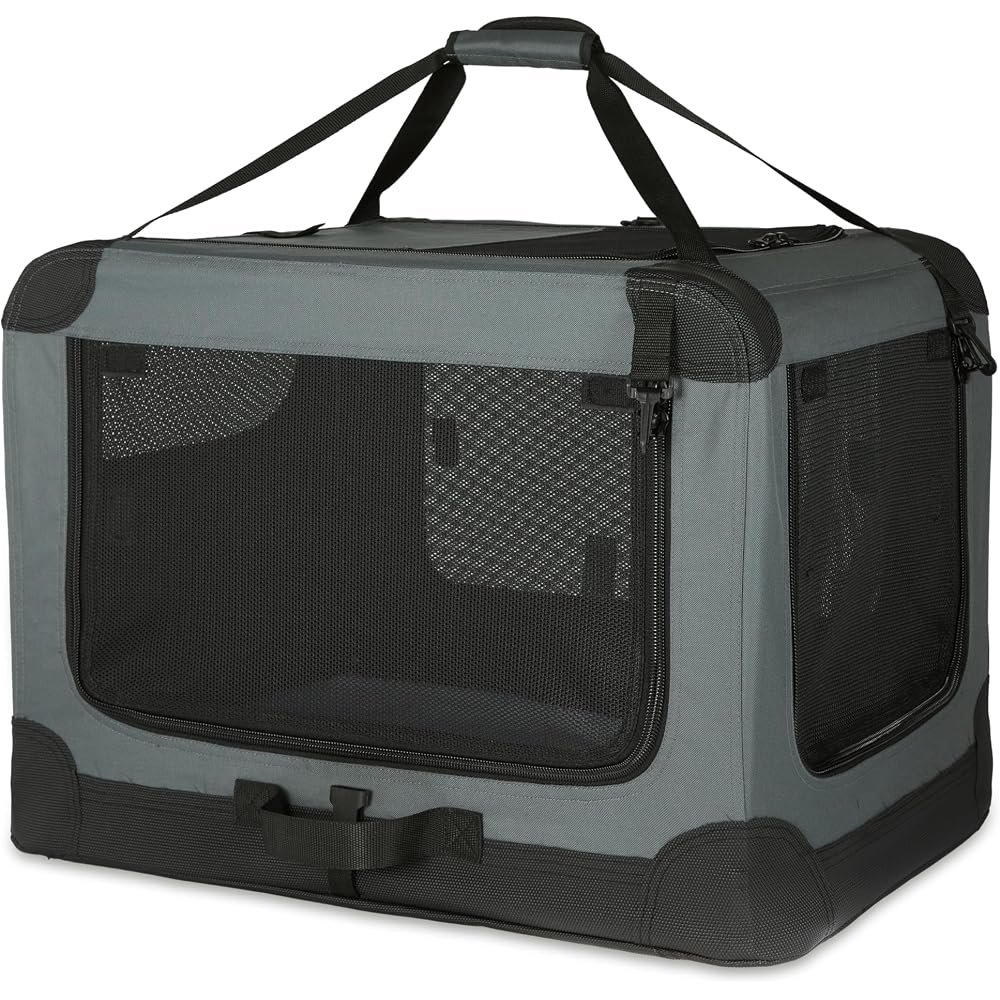 Grey Amazon Basics 4-door folding soft-sided pet crate with mesh doors