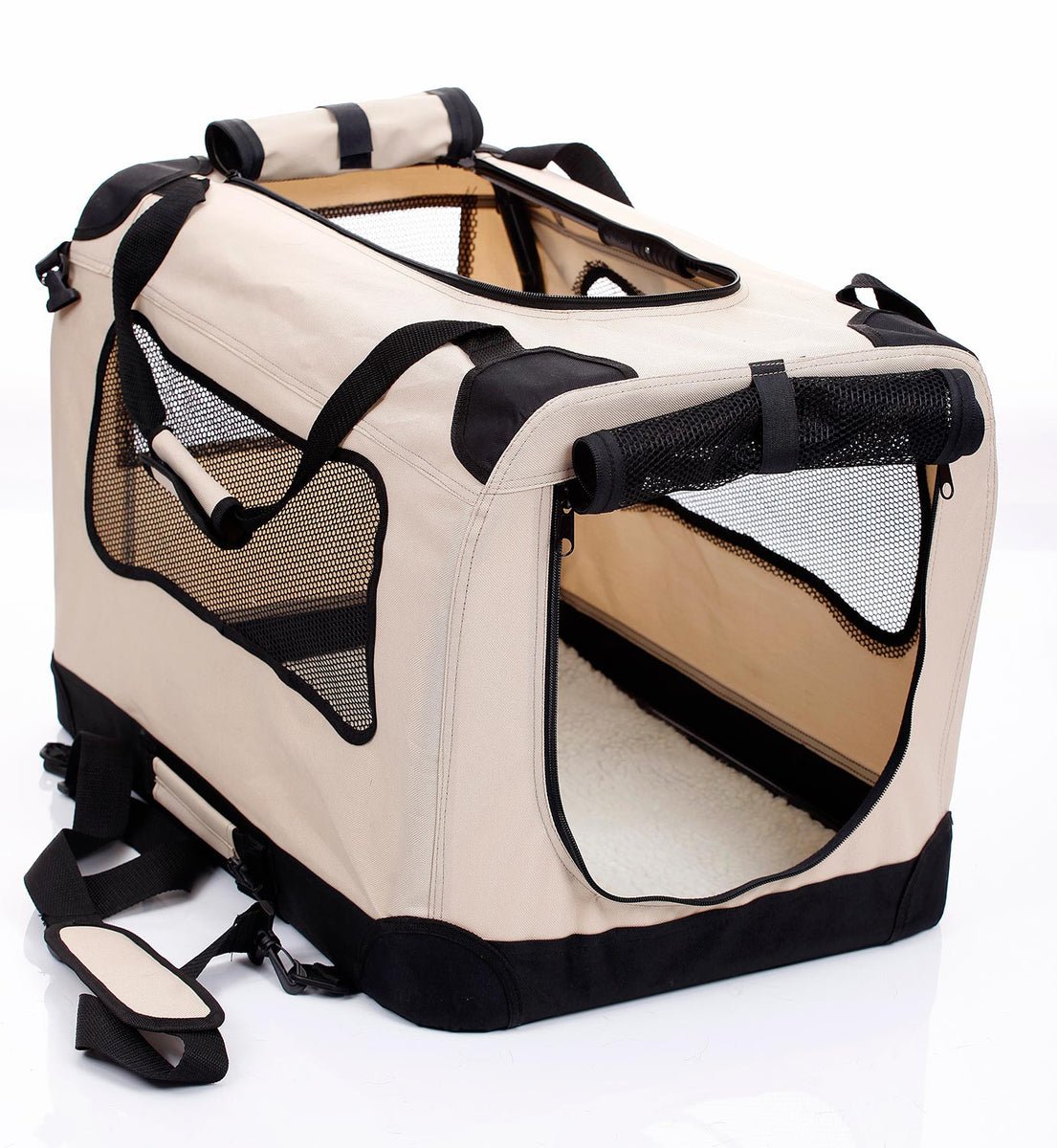 Beige 2PET foldable soft pet crate with bone-shaped mesh window
