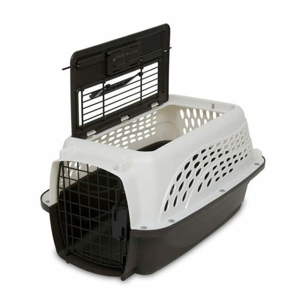 Petmate Two Door Top Load Kennel 19-inch white plastic with top loading door open and steel wire front door