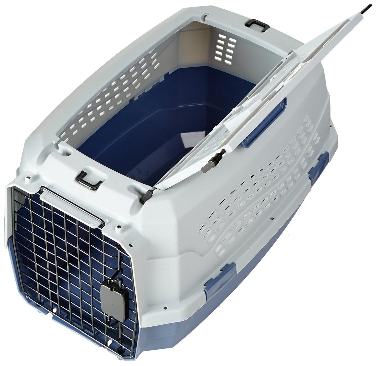 Amazon Basics Two Door Top Load Kennel 23-inch in grey and blue with front steel wire door and open top door