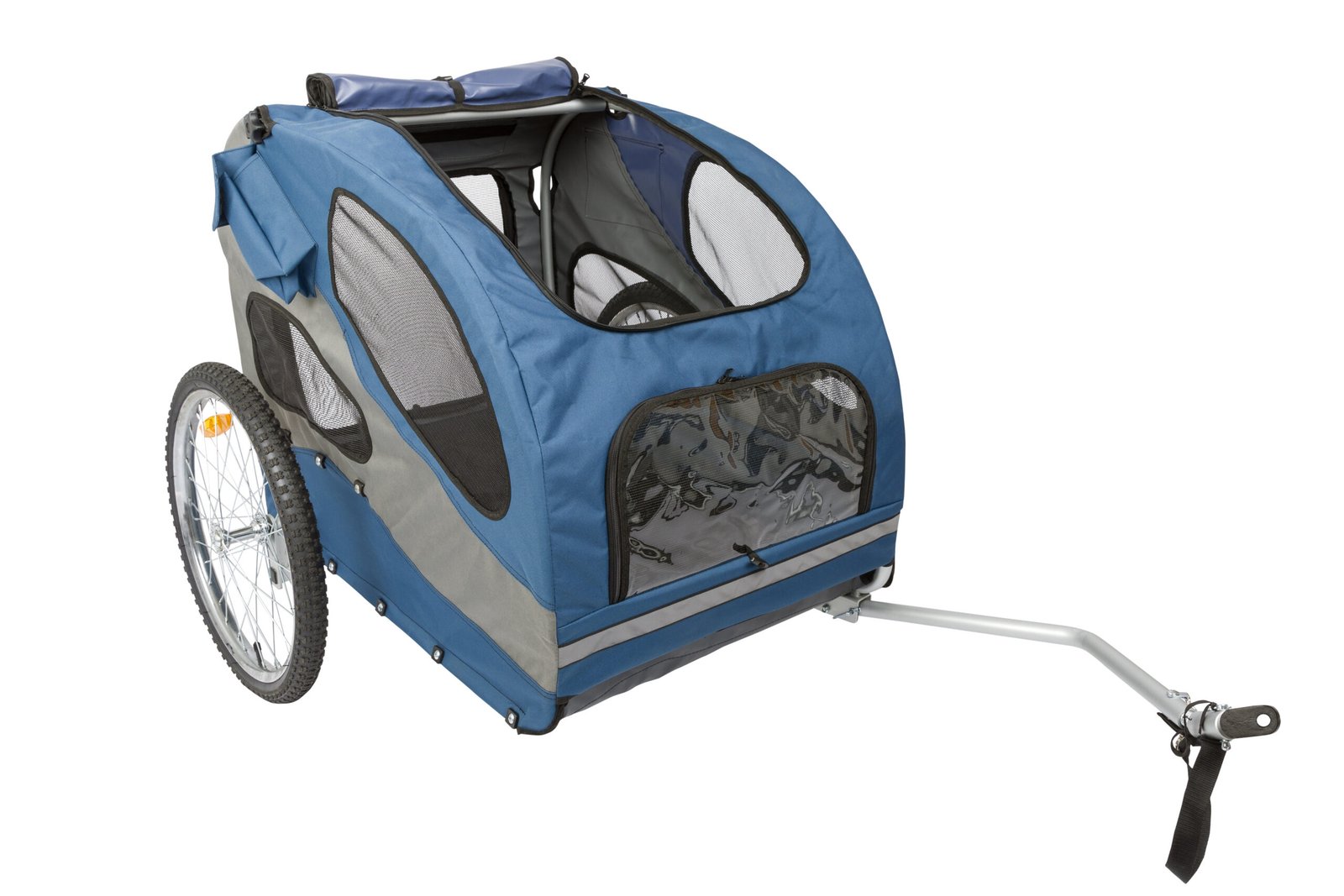 PetSafe Happy Ride Steel Dog Bicycle Trailer Large, blue and gray with side mesh windows