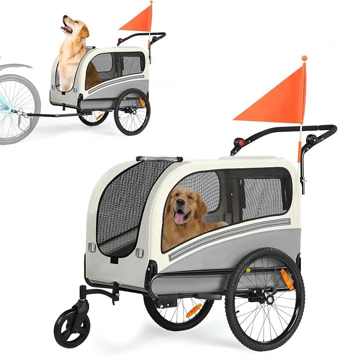 Sepnine Dog Bike Trailer 110 lbs 2-in-1 pet stroller, cream and gray, with golden retriever inside
