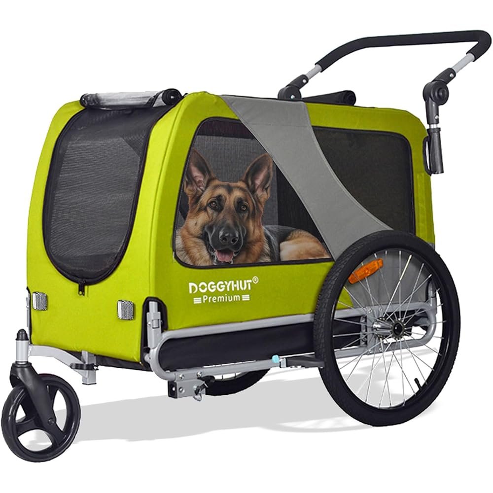 DOGGYHUT Premium XL pet bike trailer, lime green, with German shepherd inside