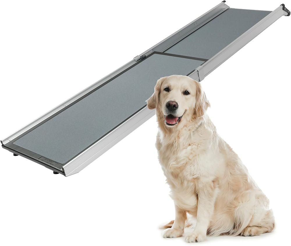 PetSafe Happy Ride Extra Long Telescoping Dog Ramp extended with dog
