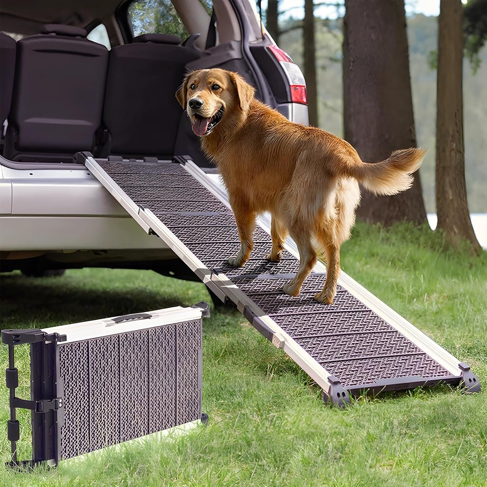 PRIORPET Telescoping Dog Ramp, 63-Inch (Shadow Gray) at an SUV with dog