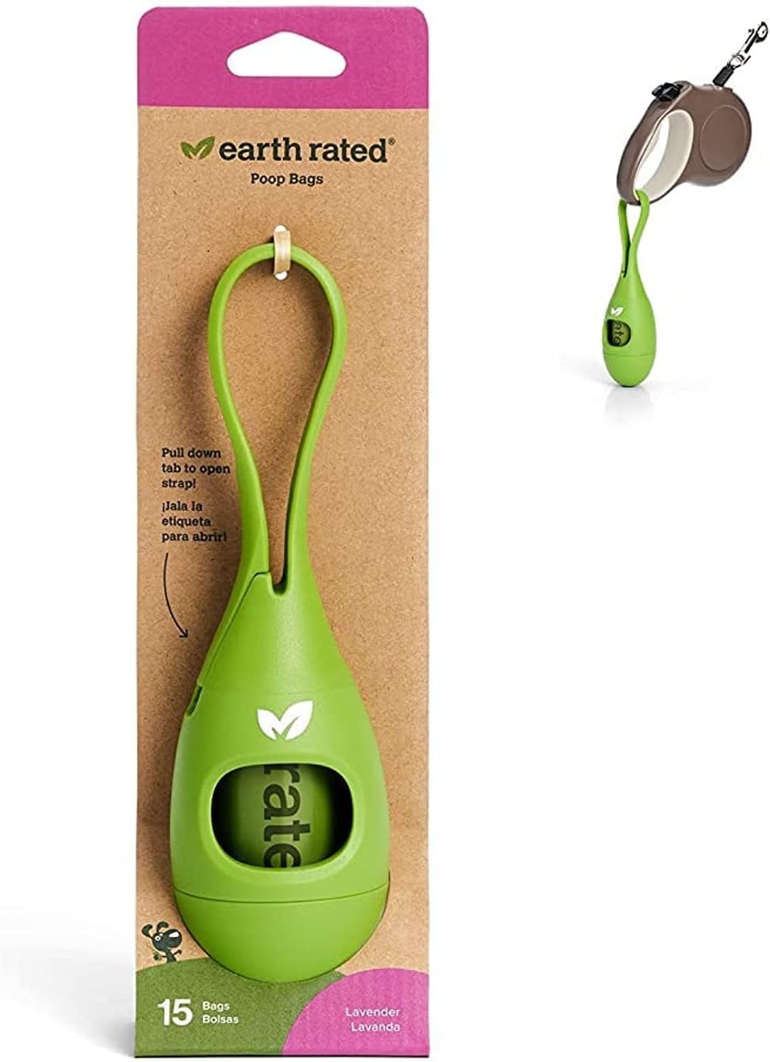 Earth Rated green teardrop poop bag holder with silicone loop strap, lavender bundle