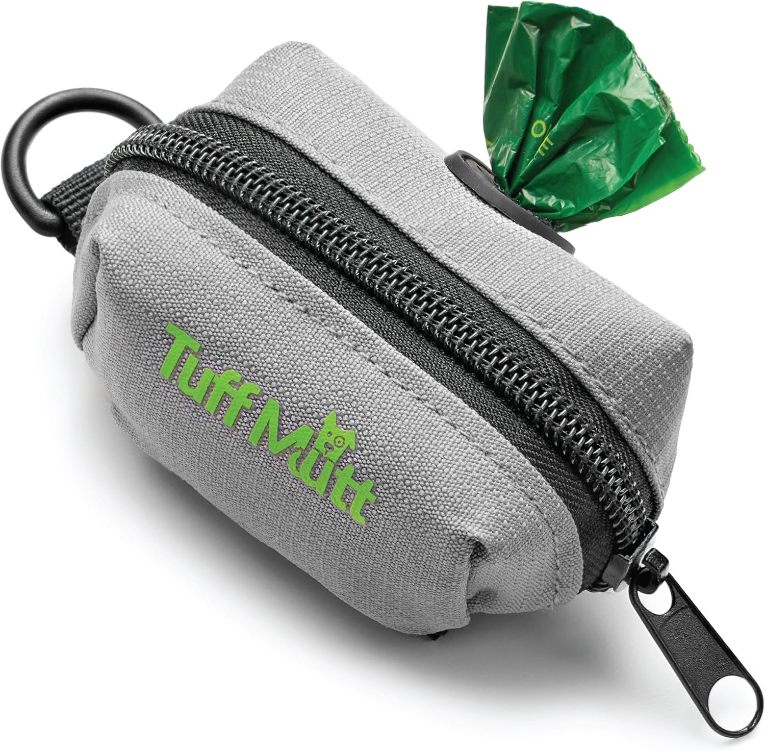Tuff Mutt gray fabric poop bag holder pouch with zipper and rubber feed slit